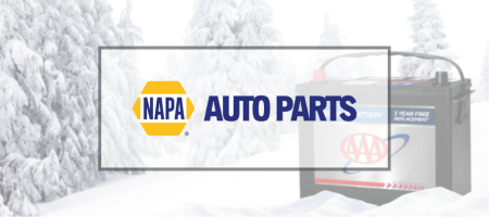 NAPA Auto Parts logo over an image of a AAA battery on a snowy landscape