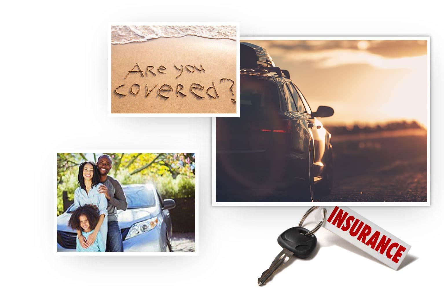 A collage of a car, key, a family, and writing in the sand.