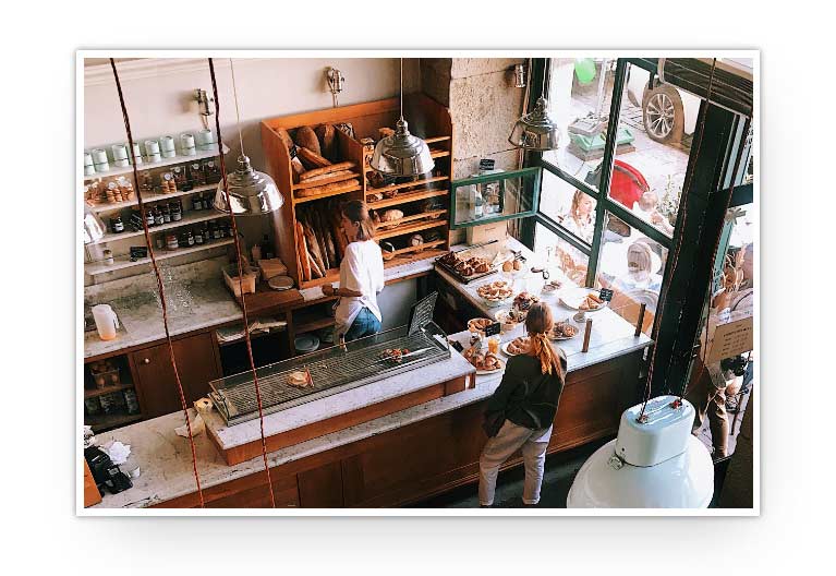 Aerial view of bakery counter.