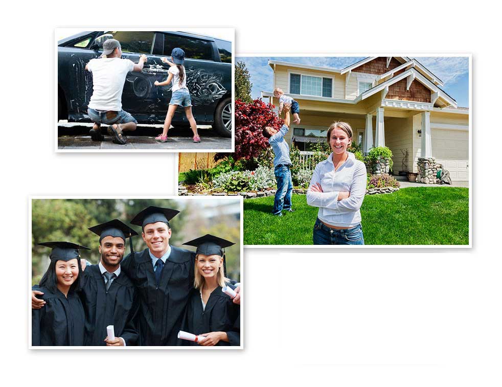 Benefits of Financial Services shown: Graduation - student loans, Family washing car - auto loans, Woman purchasing home - Home Loans