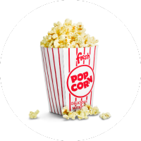 an image of a red and white bucket with popcorn in it on a white background