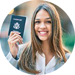 a woman holding a passport in her right hand