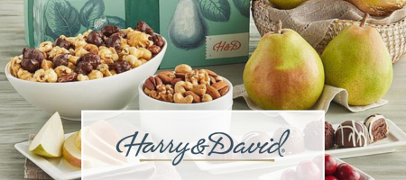 Harry and David logo over an image of pears, nuts, and chocolates