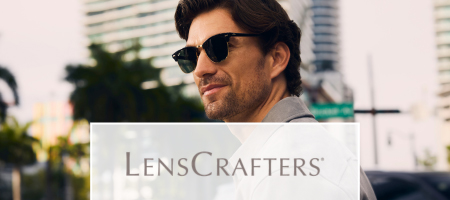  LensCrafters logo over a image of man in sunglasses