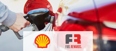 Shell logo and Fuel Rewards logo with background image of car being fueled 