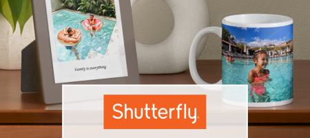 Shutterfly. A coffee mug with a photo of a little girl playing in the pool on it and a photo frame with photo of two boys on floaties playing in the pool.