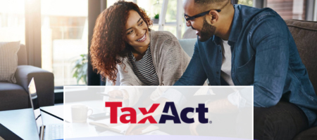 Tax Act logo over an image of a couple reviewing a laptop